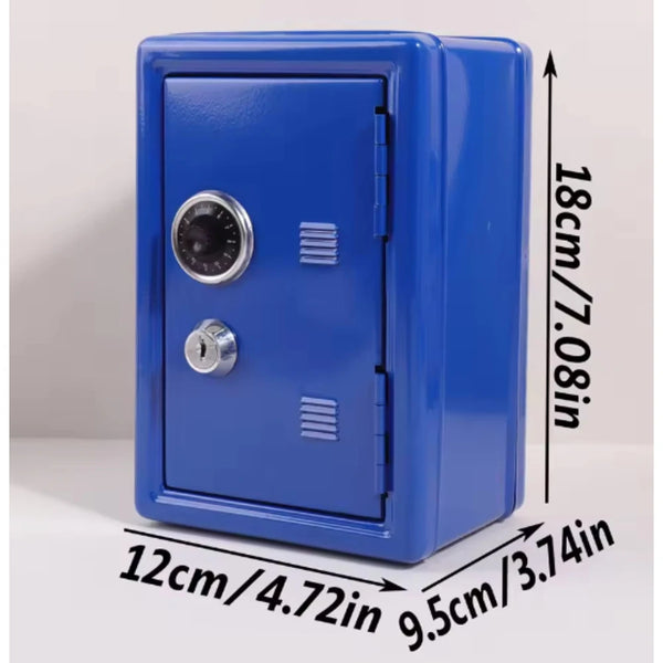 A blue compact home safe box featuring a combo lock and keys, shown in a side view.