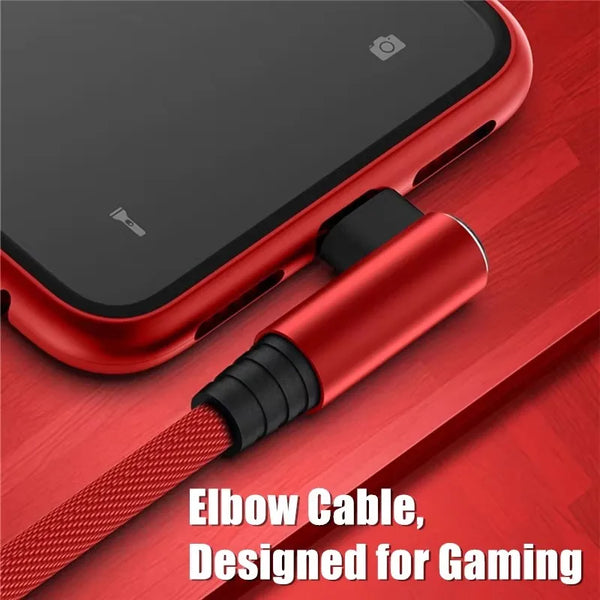 A red braided elbow cable designed for gaming, shown next to an iPhone.