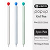Three colored gel pens, white blue, and green, shown next to a Kaco popup pen with size specifications.