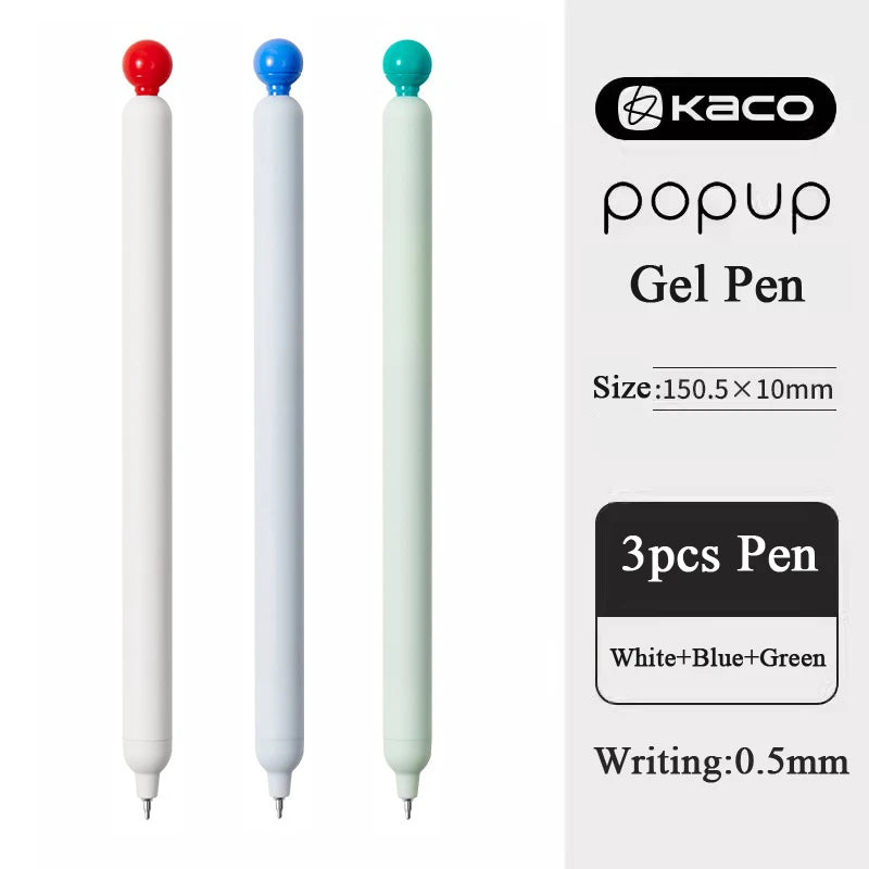 Three colored gel pens, white blue, and green, shown next to a Kaco popup pen with size specifications.