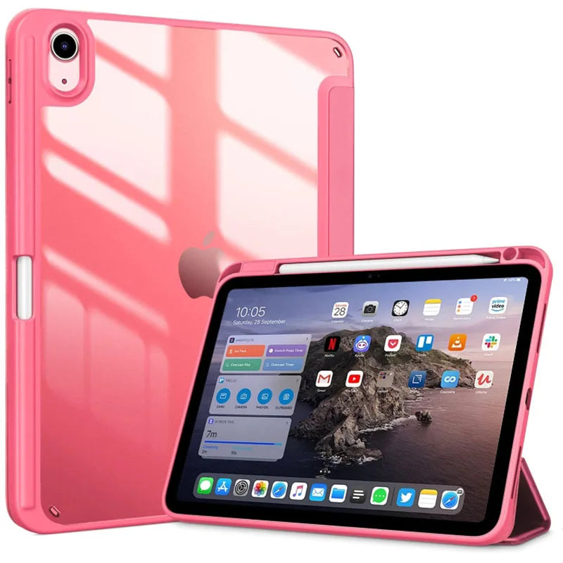 A pink hybrid protective case for an iPad, shown with a screen displaying an iOS interface.