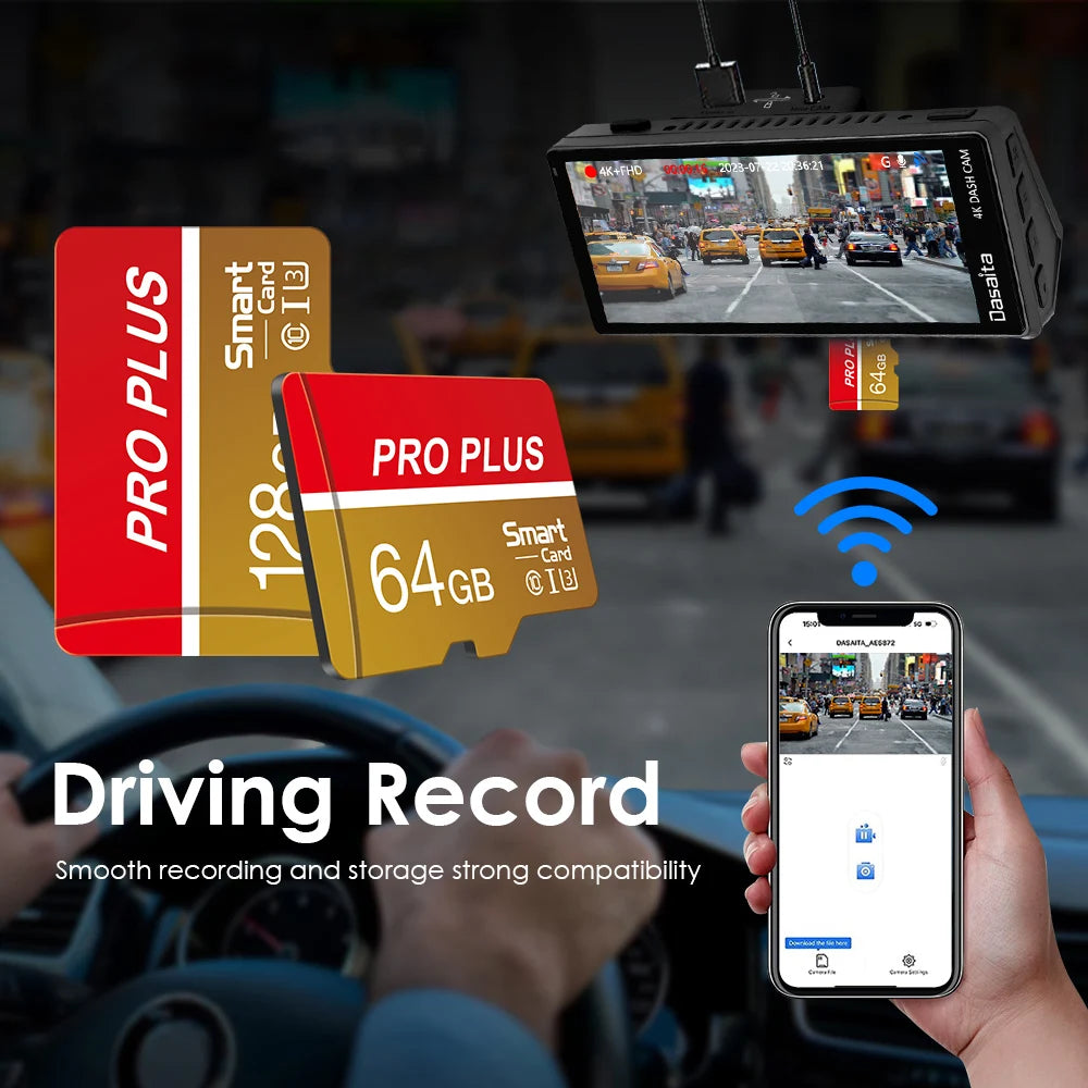A display showing a Dasalita driving record device and a smartphone recording video in a car interior context.