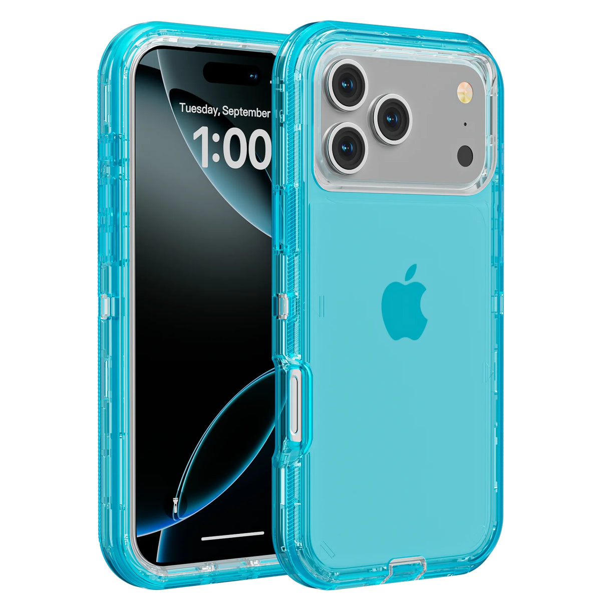 A clear shockproof case for an iPhone, featuring a light blue-green color and a transparent back.
