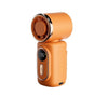 An orange portable clip-on handheld cooling fan with a circular grille and digital display.