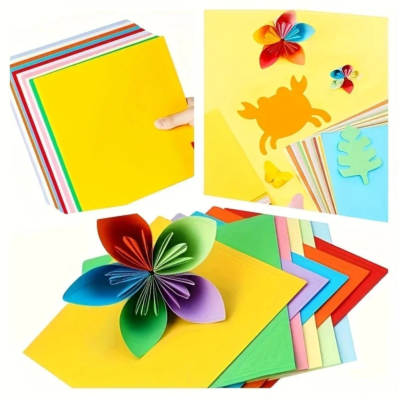 A collection of colorful cardstock sheets featuring floral and leaf shapes in various bright colors like yellow, green, orang