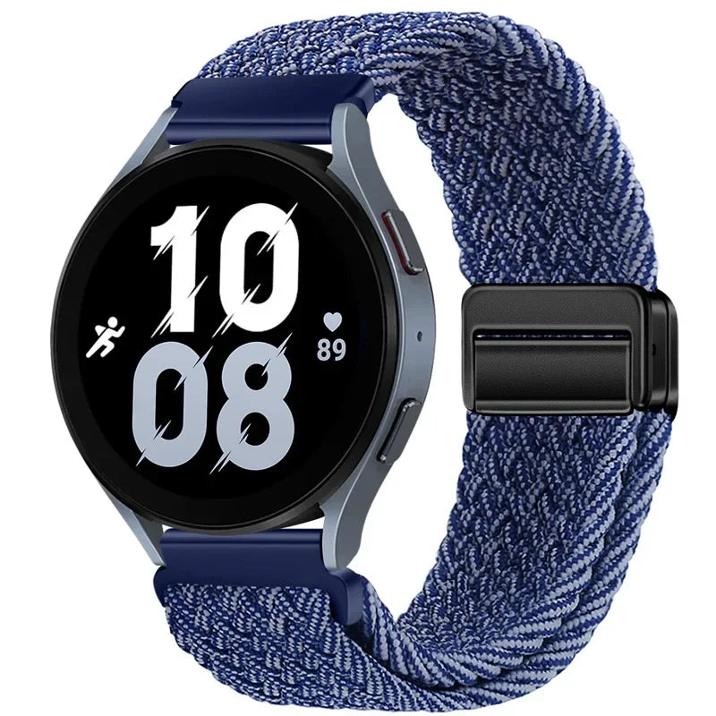 Dunkelblaue gewebte magnetische Armbanduhr mit schwarzem digitales Zifferblatt, das 10:08 anzeigt.