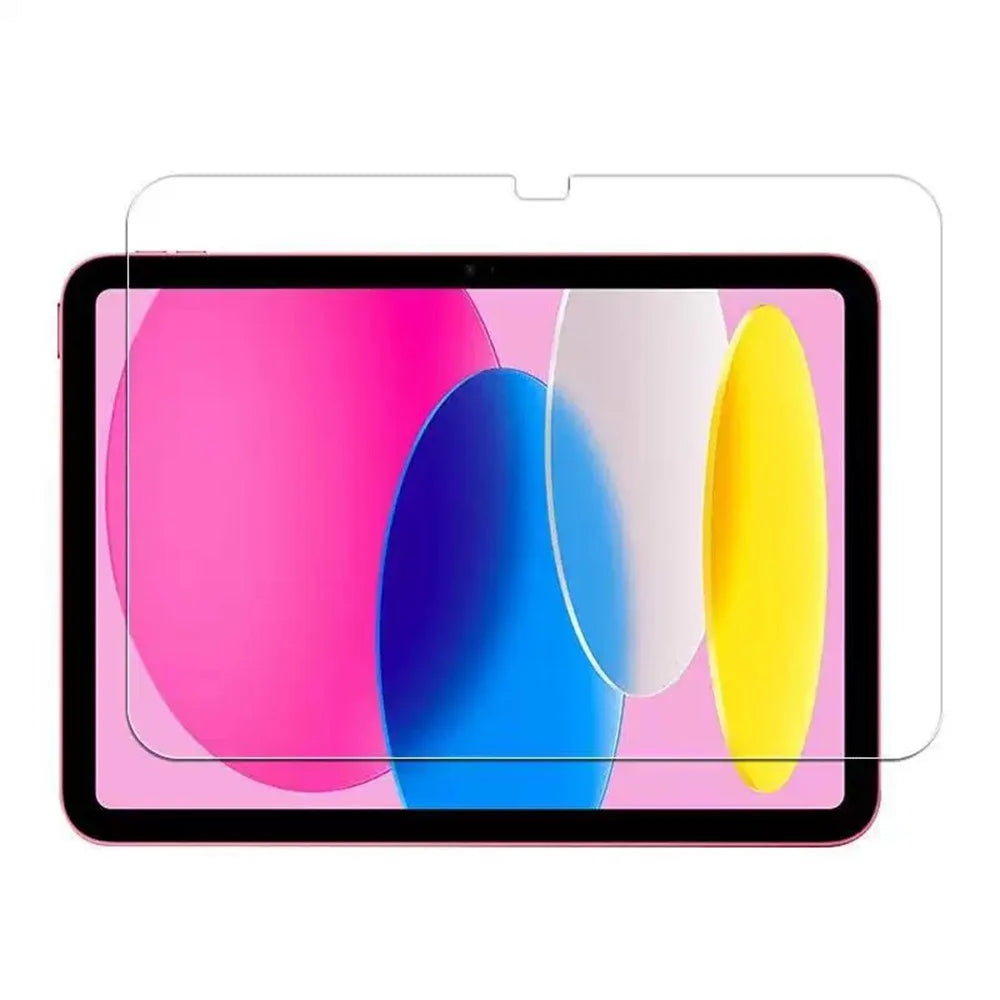 A clear tempered glass screen protector is shown with colorful, abstract shapes on an iPad display.