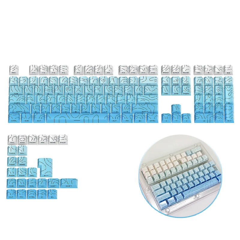 Un conjunto de keycaps con degradado de azul claro para teclado mecánico, mostrados en varios diseños y piezas individuales.