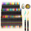 A set of dual-tip acrylic paint markers in various colors and tips arranged in a grid.
