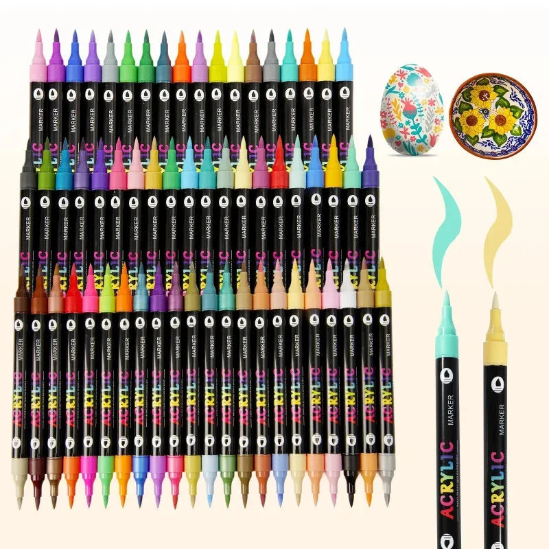 A set of dual-tip acrylic paint markers in various colors and tips arranged in a grid.