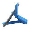 A blue foldable adjustable tablet stand with a gray arm, designed to hold devices like iPads and phones.