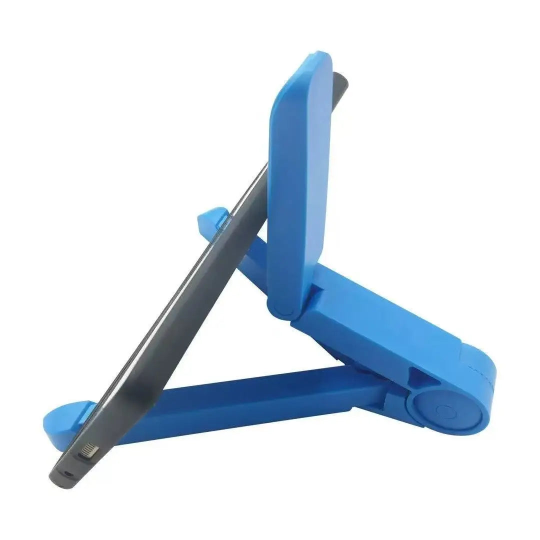 A blue foldable adjustable tablet stand with a gray arm, designed to hold devices like iPads and phones.