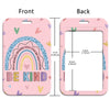 Pink ID badge holder showing front and back views with rainbow design and text