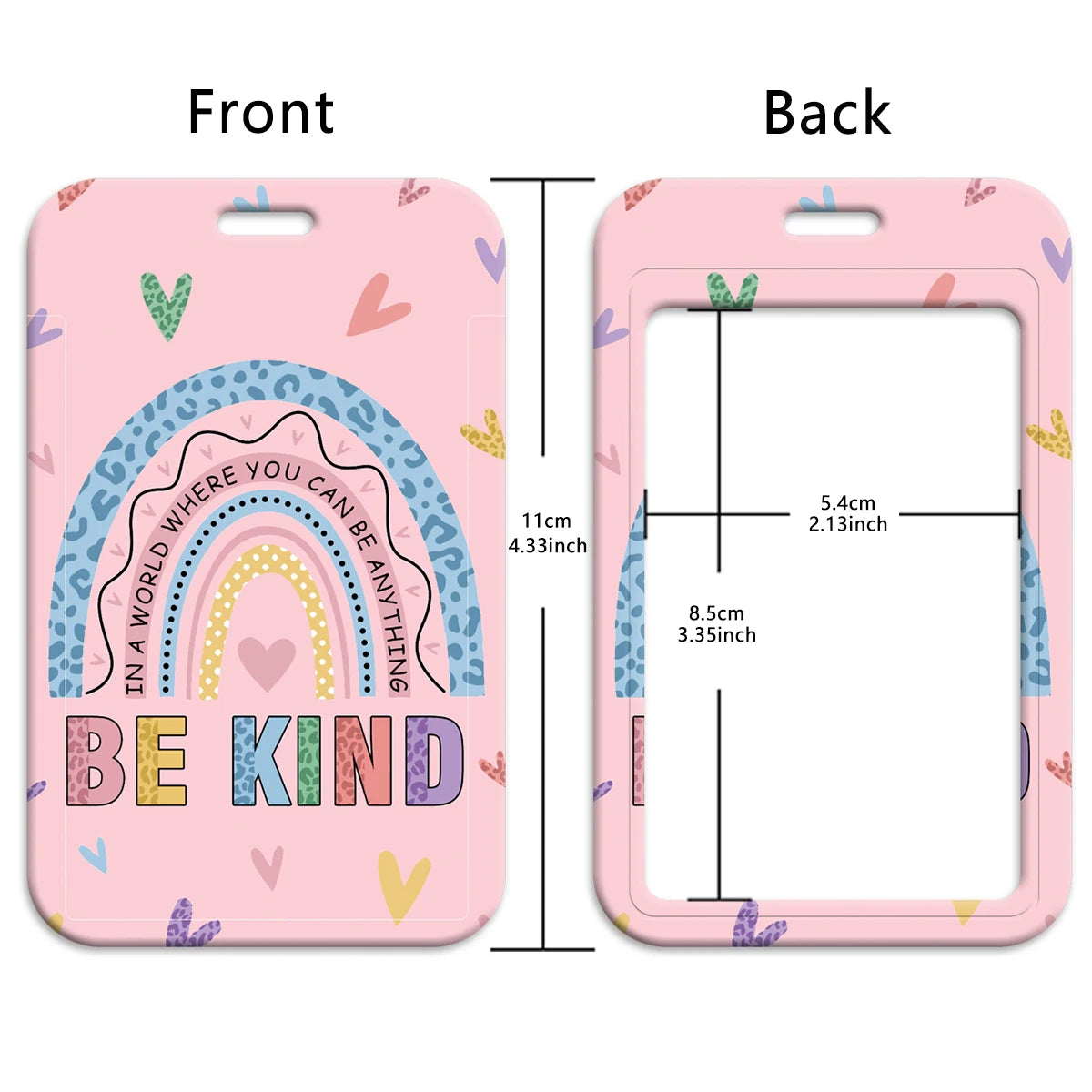 Pink ID badge holder showing front and back views with rainbow design and text