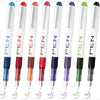 An assortment of eight fine point fountain pens in various colors and finishes displayed vertically.
