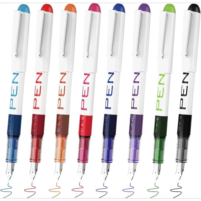 An assortment of eight fine point fountain pens in various colors and finishes displayed vertically.