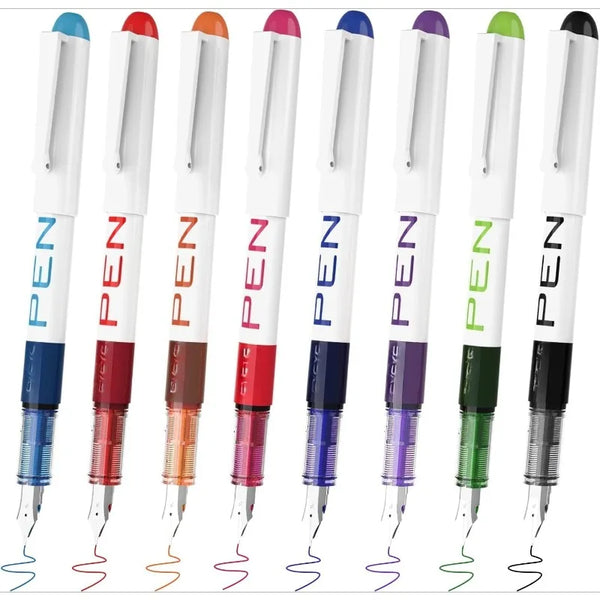 An assortment of eight fine point fountain pens in various colors and finishes displayed vertically.