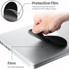 A hand removes a protective film from a slim stick-on mouse holder for laptops, emphasizing its firm, no glue residue design.