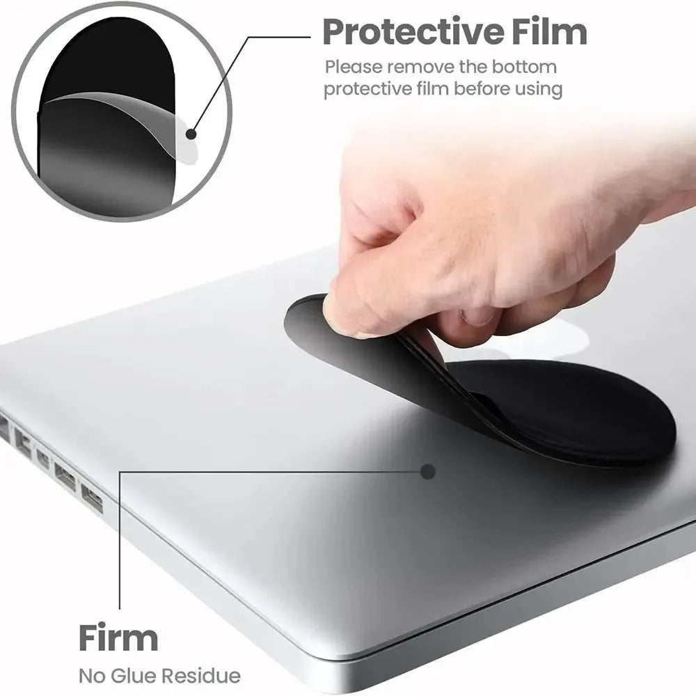 A hand removes a protective film from a slim stick-on mouse holder for laptops, emphasizing its firm, no glue residue design.