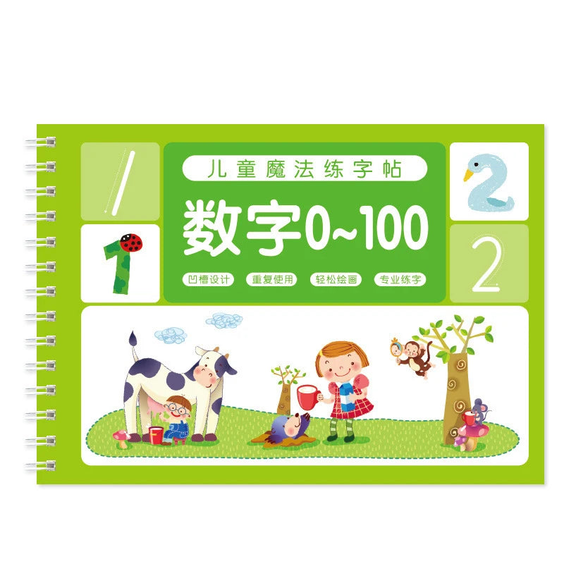Grines Notizbuchhülle mit Titel über Zahlen 0-100 und Illustrationen von Tieren und Kindern.