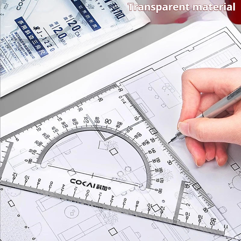 A hand writes on a transparent material drafting ruler showing precision triangular measurements and lines.