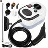 A high-powered handheld steam cleaner with various attachments and a coiled black hose is shown.