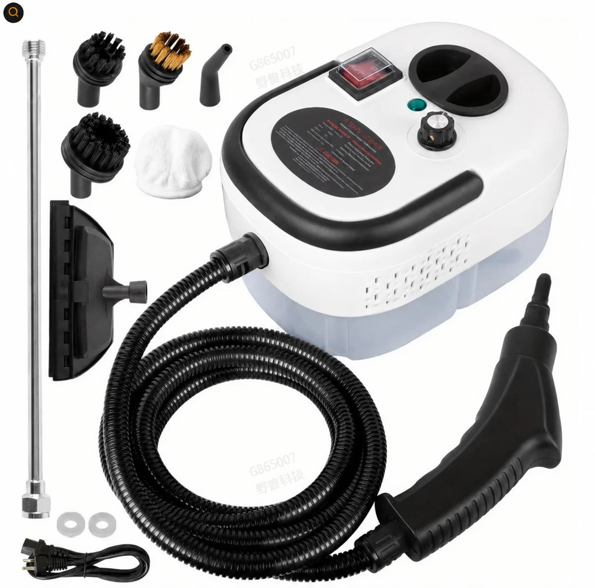 A high-powered handheld steam cleaner with various attachments and a coiled black hose is shown.