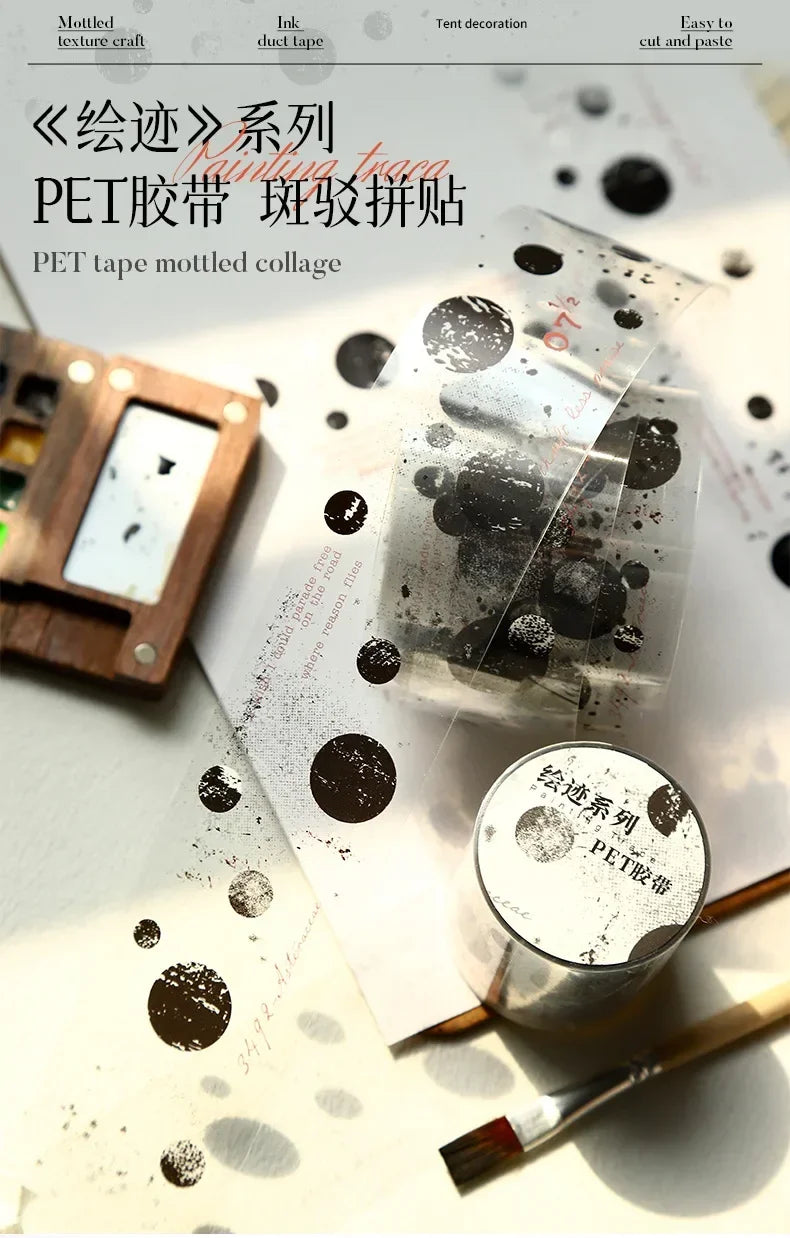 A close-up of PET tape mottled collage used for crafting and labeling, showing various textures and applications.