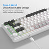 Teclado compacto de membrana blanco con cable desmontable negro y perilla giratoria.