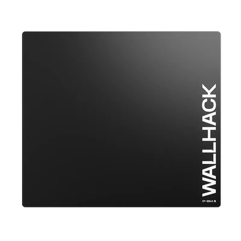 Paillasse de souris en verre trempé noire avec le mot WALLHACK imprimé sur le côté.