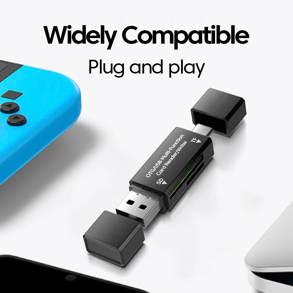 A black USB adapter for reading SD and TF cards, shown next to a blue electronic device.