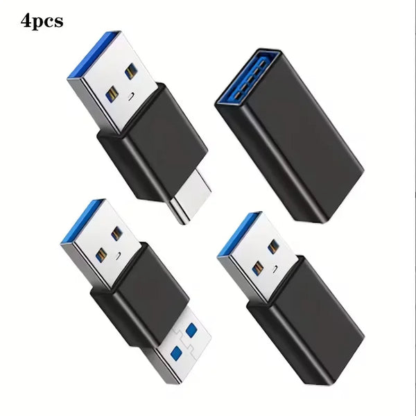 A set of four black USB-C adapters with various connectors including USB-A and Micro USB ports.