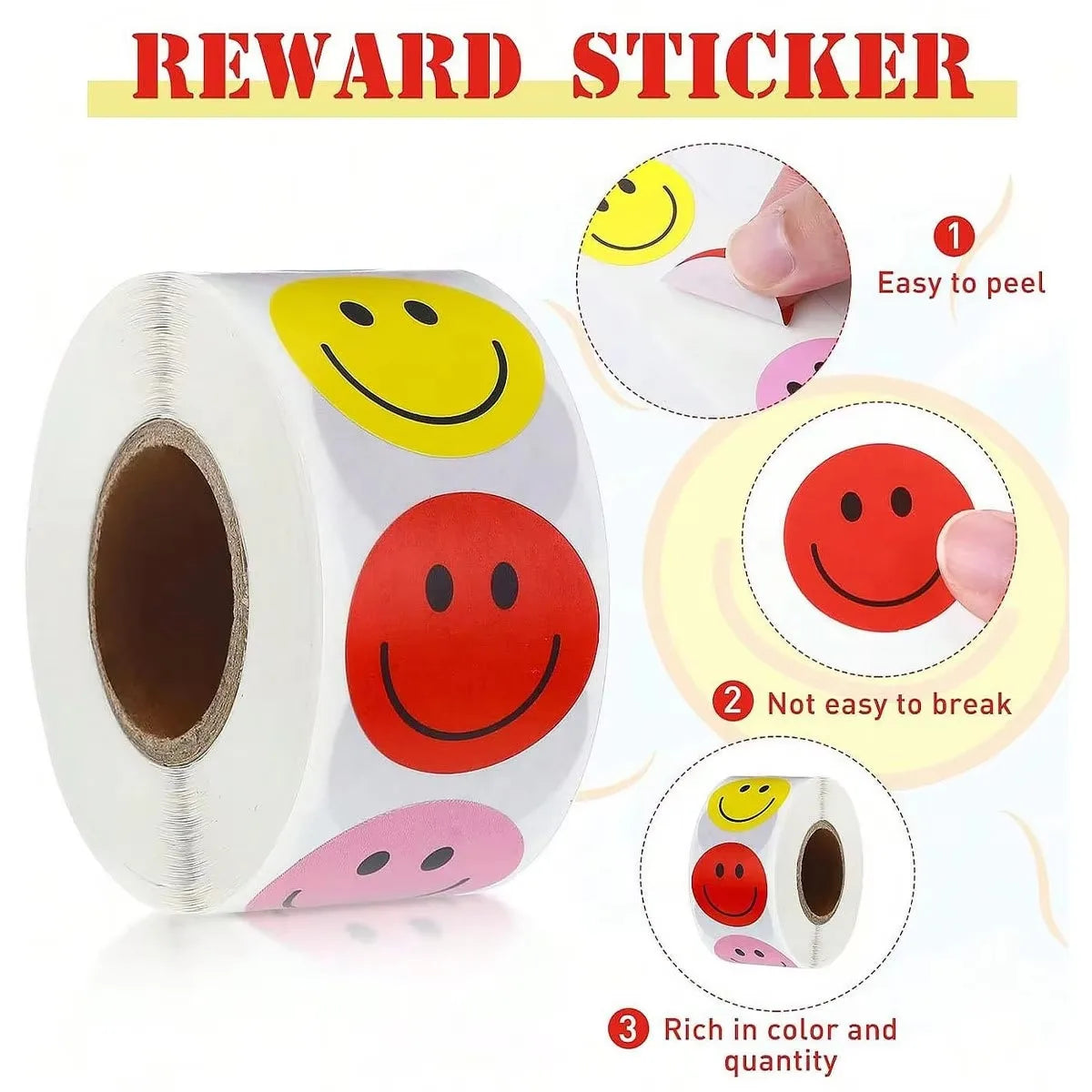 Roll of reward stickers featuring smiling face designs in yellow, red, and pink colors