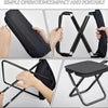 Taburete plegable portátil mostrado en varias configuraciones, incluyendo una bolsa compacta y un asiento abierto.