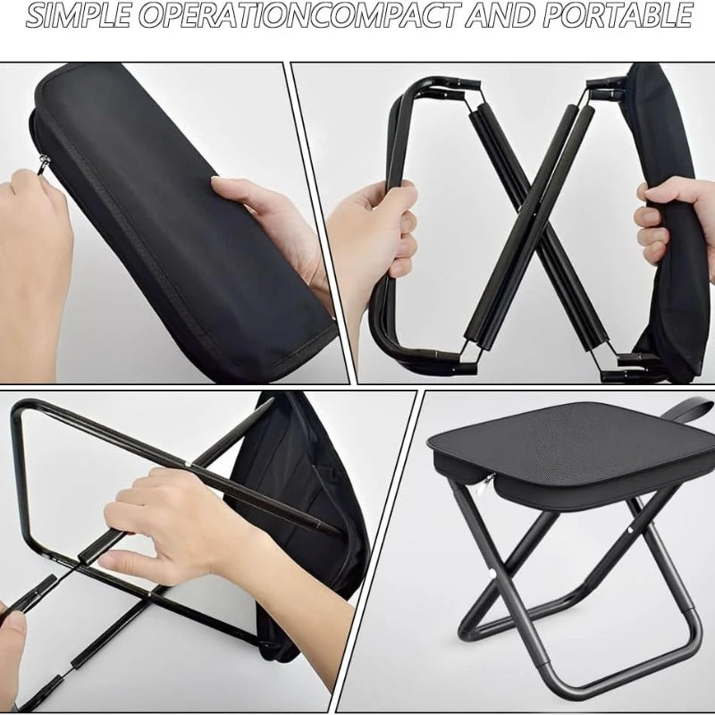 Taburete plegable portátil mostrado en varias configuraciones, incluyendo una bolsa compacta y un asiento abierto.