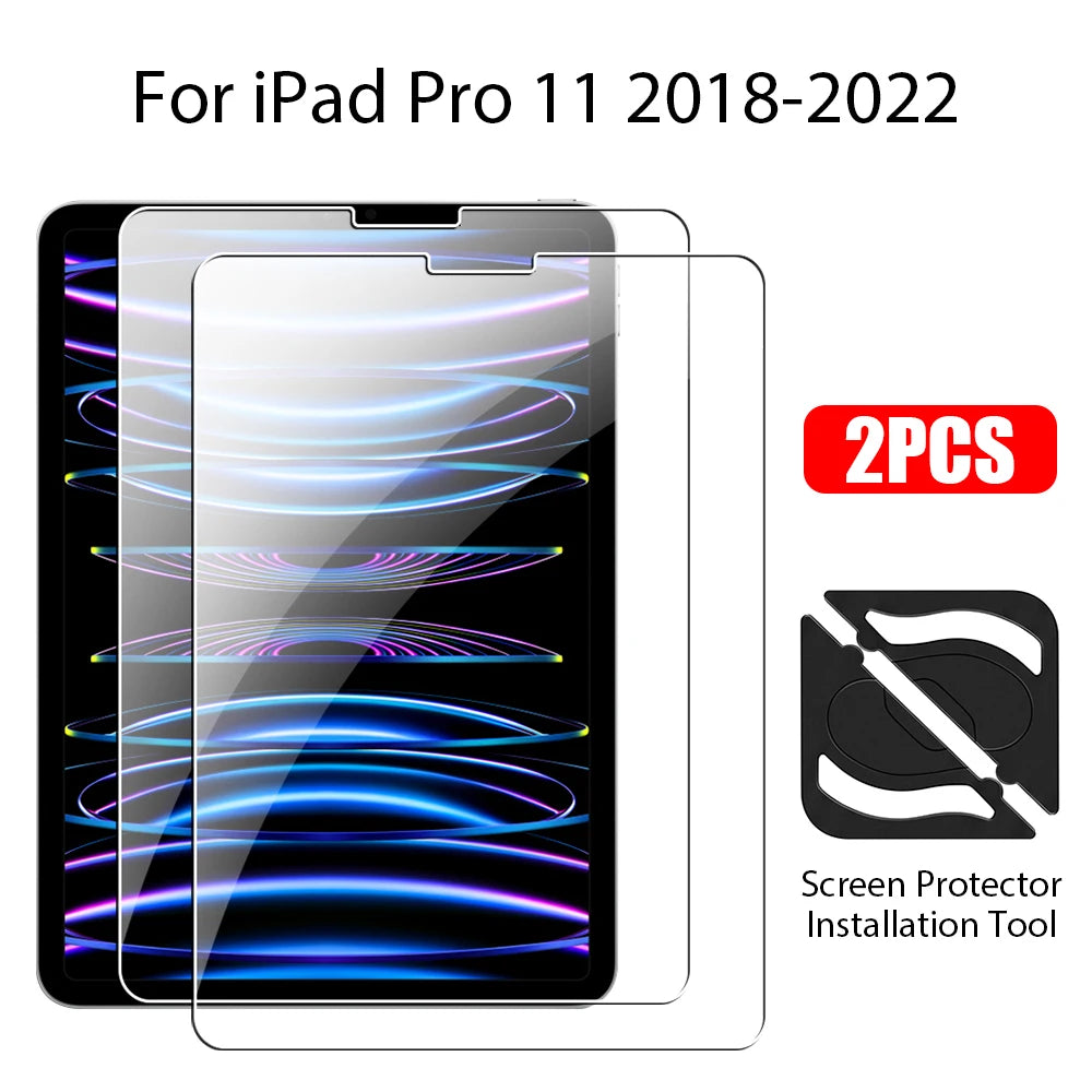 Two clear tempered glass screen protectors and an installation tool for iPad Pro 11 2018-2022