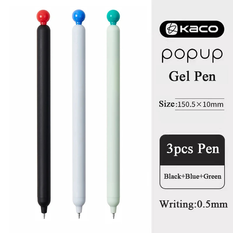 A set of three Kaco popup gel pens in black, blue, and green with a 0.5mm writing tip.
