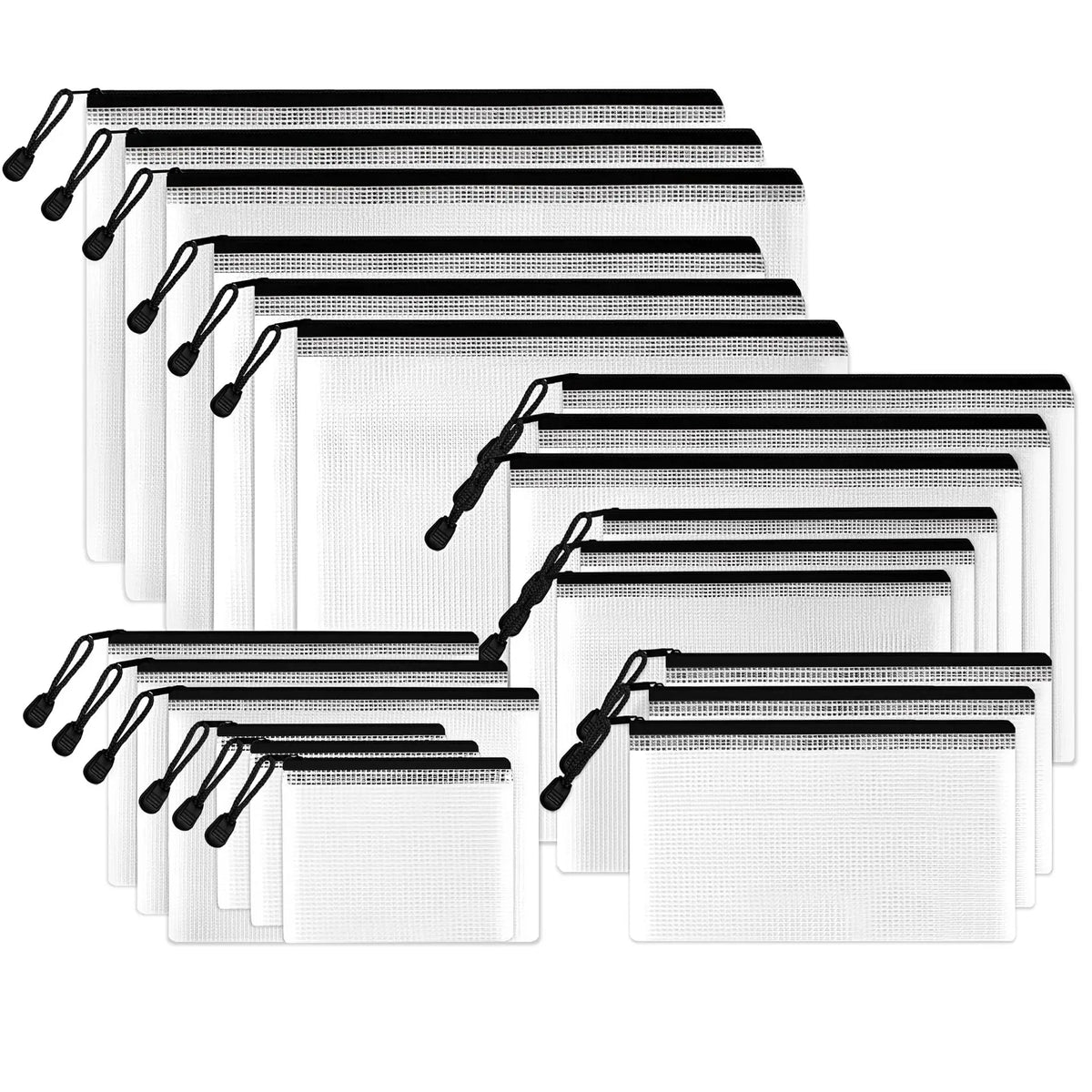 Eine Sammlung durchsichtiger Netztaschen mit Reißverschluss in Schwarz und Weiß, verschiedene Größen und Stile zur Organisati