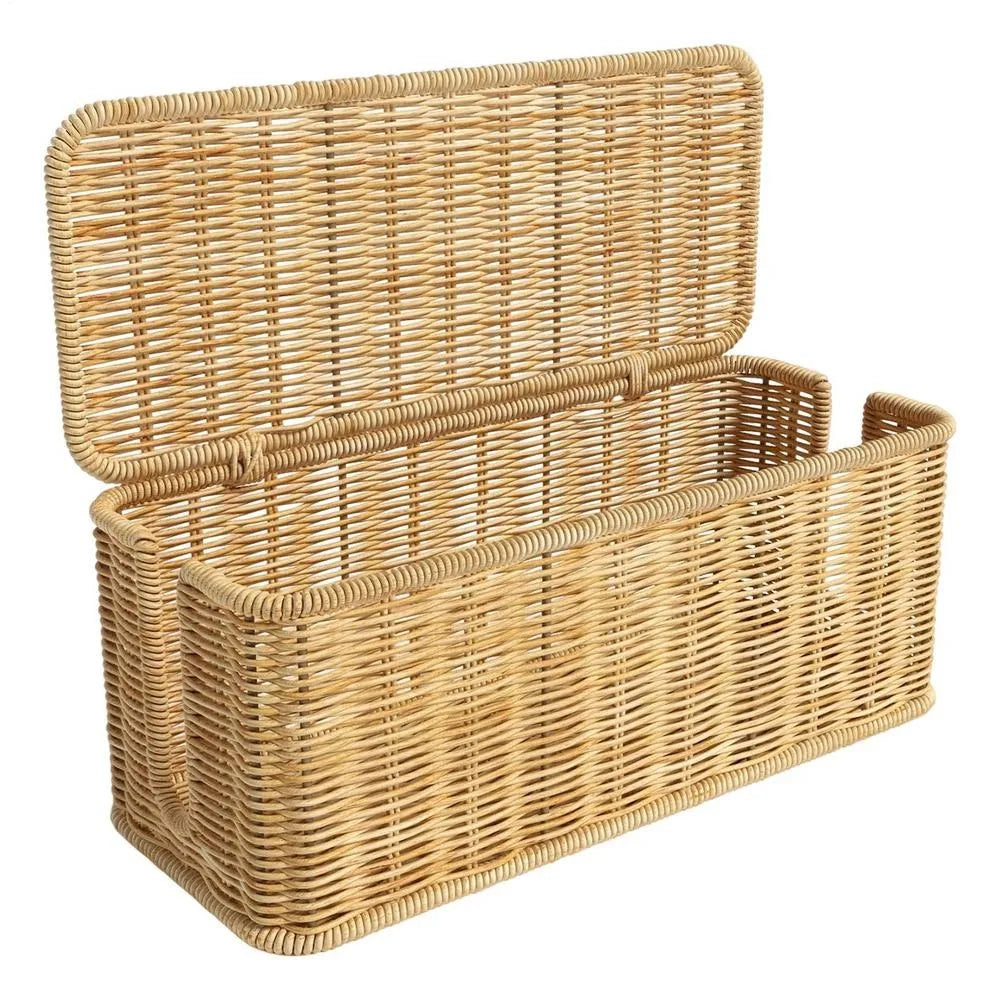 Handwoven rattan cable management box with a lid, made of natural light brown woven material.