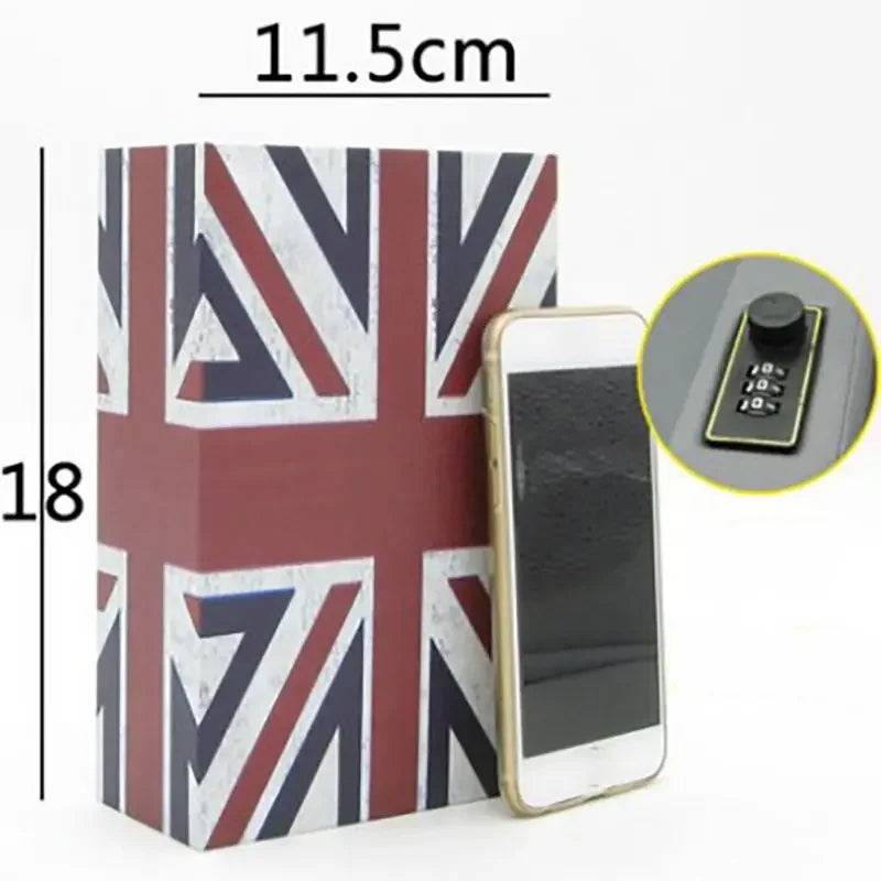 A rectangular box decorated with a Union Jack pattern next to a smartphone.