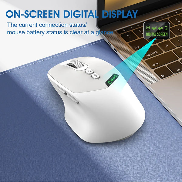A white wireless mouse is shown on a blue surface next to a laptop, highlighting its on-screen digital display feature.