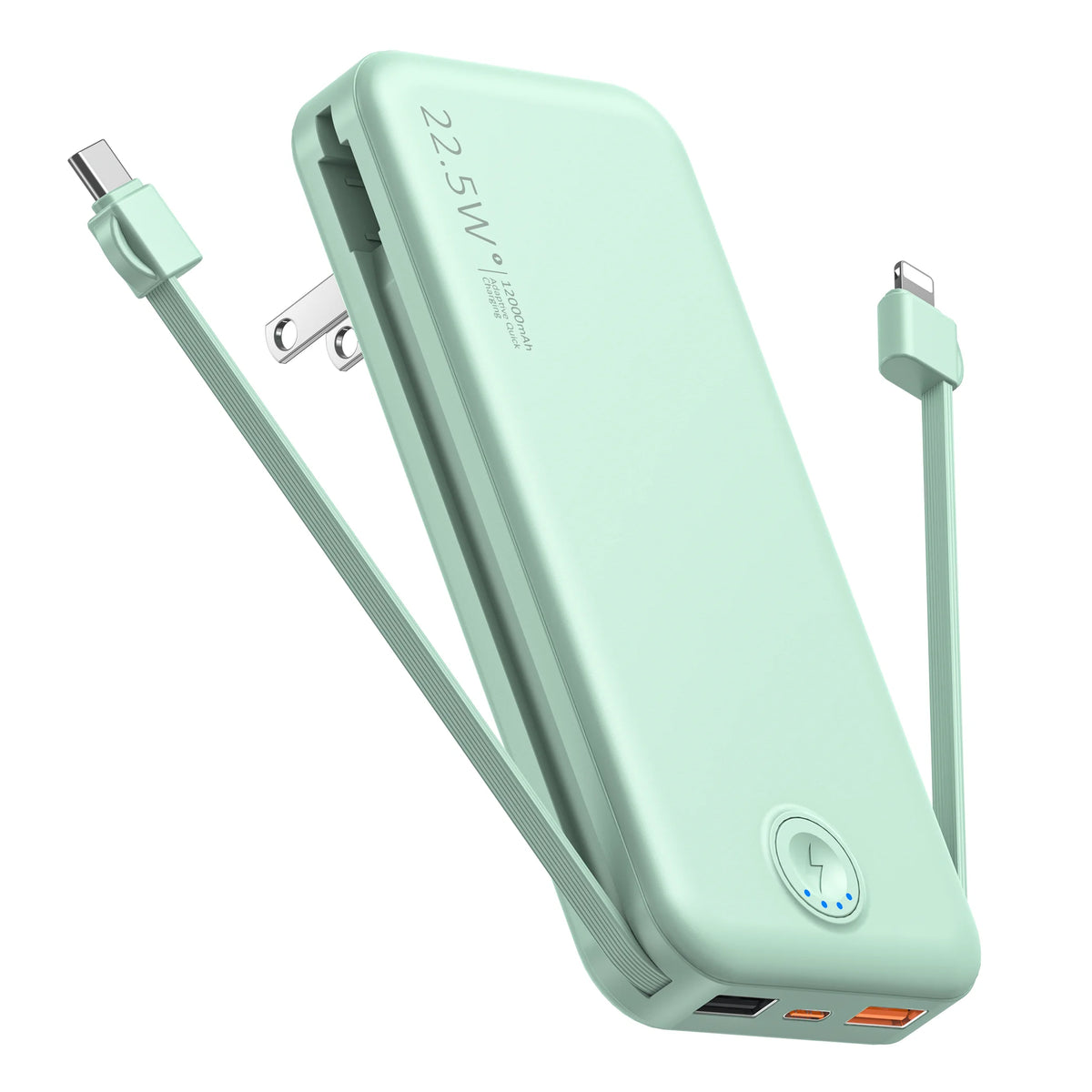 A light mint green portable charger with built-in cables and a wall plug is shown.