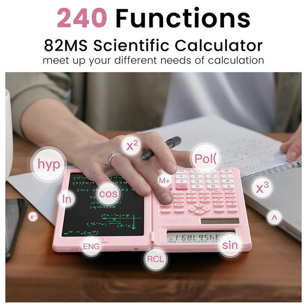 A pink scientific calculator with a built-in notepad is shown being used on a wooden table.