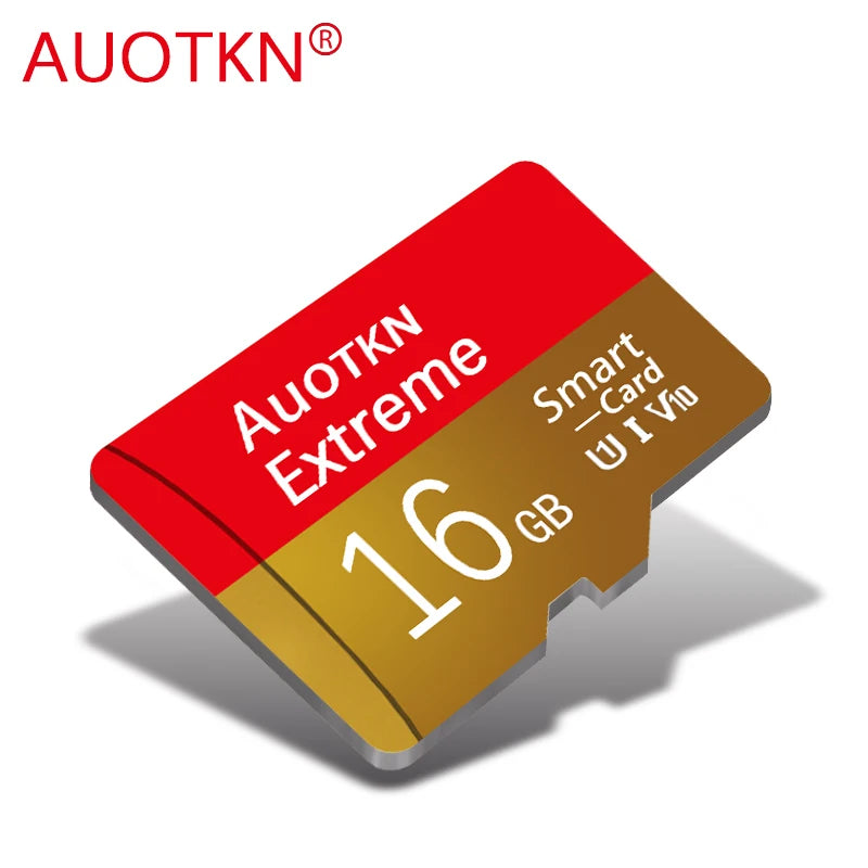 A red and gold memory card labeled Auttkn Extreme 16GB with a smart card adapter.