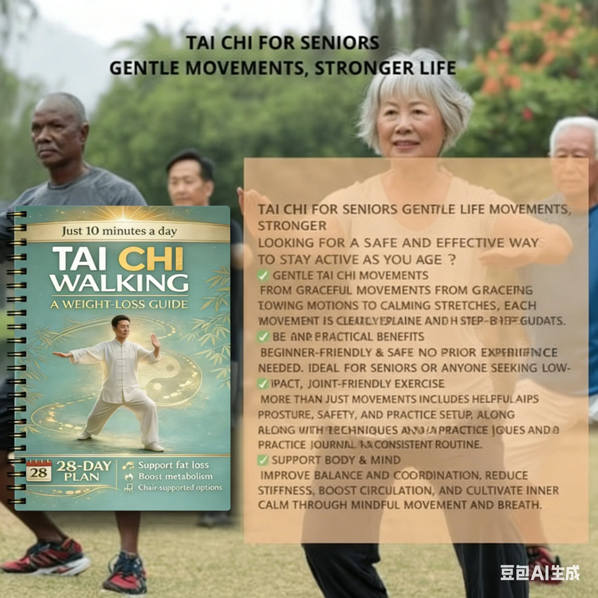 A book titled Tai Chi Walking A Weight Loss Guide is shown next to an elderly woman practicing gentle movements outdoors.