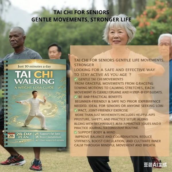 A book titled Tai Chi Walking A Weight Loss Guide is shown next to an elderly woman practicing gentle movements outdoors.