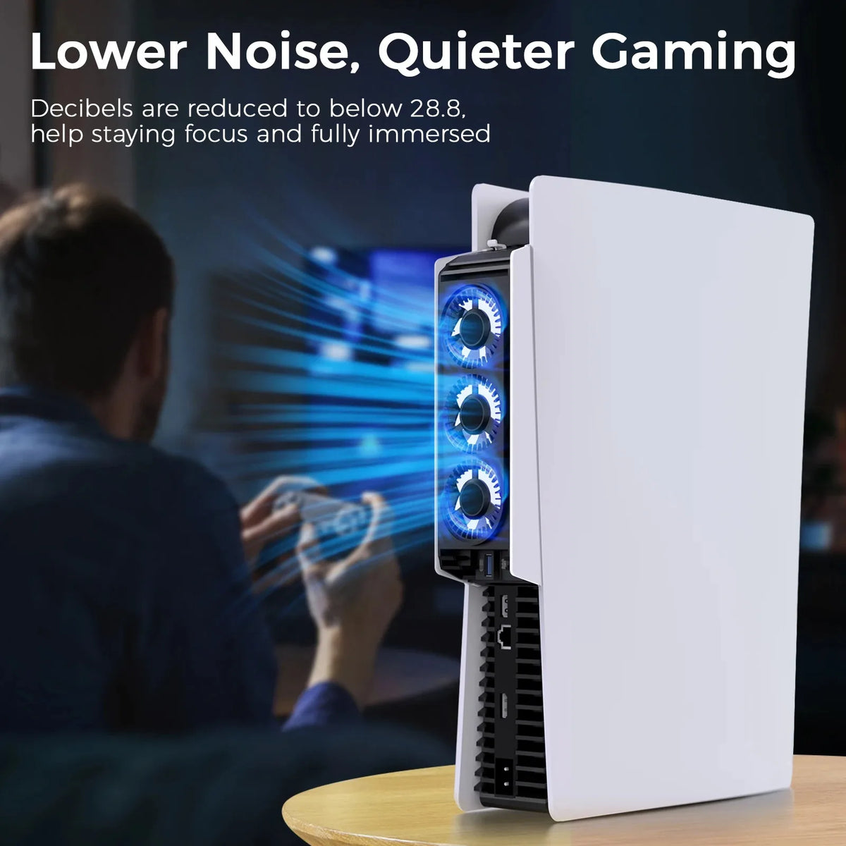 Ventilador de refrigeración blanco para consola PS5 con luces azules y un hub USB 3.0 sobre una superficie de madera.