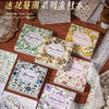 A collection of vintage floral square scrapbook paper sheets in various colors and patterns arranged on a wooden surface.