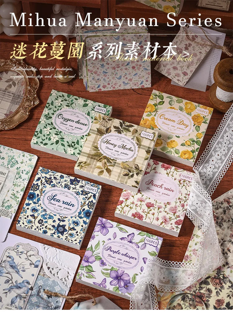 A collection of vintage floral square scrapbook paper sheets in various colors and patterns arranged on a wooden surface.
