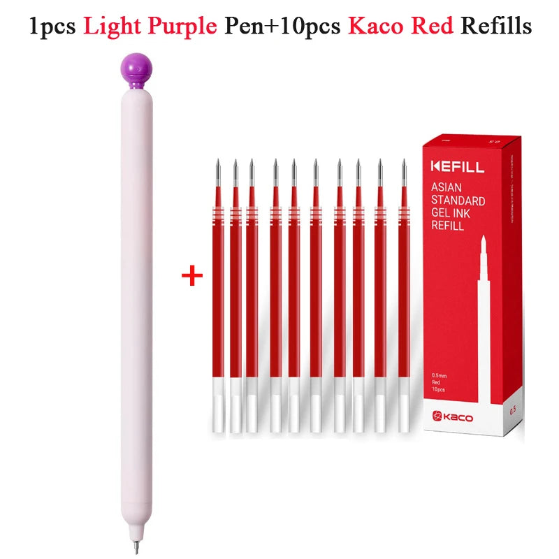 A set of 1 light purple pen and 10 red Kaco ink refills for gel pens